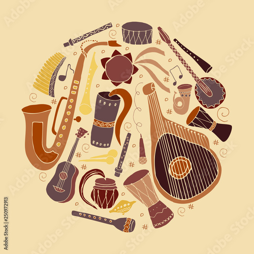 Set of hand drawn traditional Slavic, Ukrainian musical instruments in circle. Reed pipe, kobza, buhay, sopilka, bandura, pan flute etc.