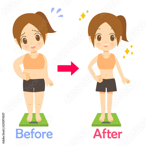 体重計に乗る女性　ダイエット　ビフォーアフター