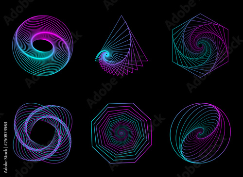Abstract neon shapes set, futuristic wavy fractal background. Vector  geometric illustration photo