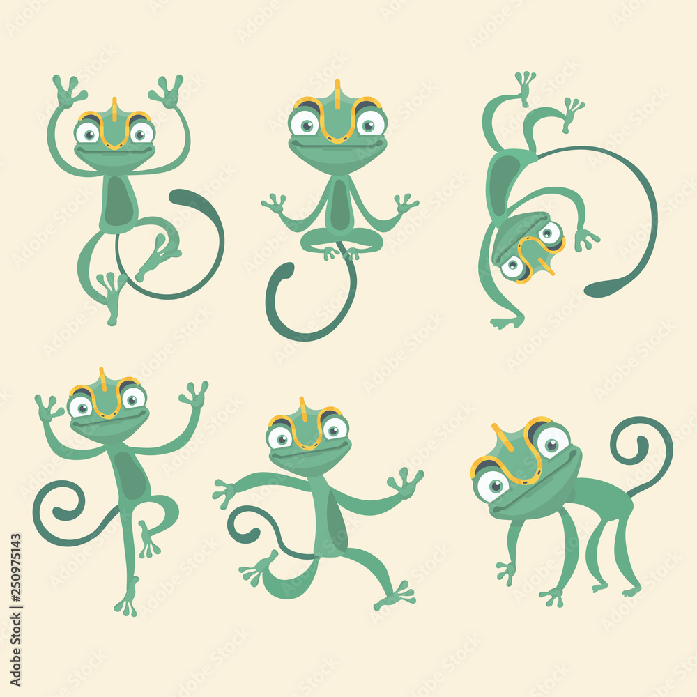 Fototapeta premium Cartoon chameleon cute illustration set..