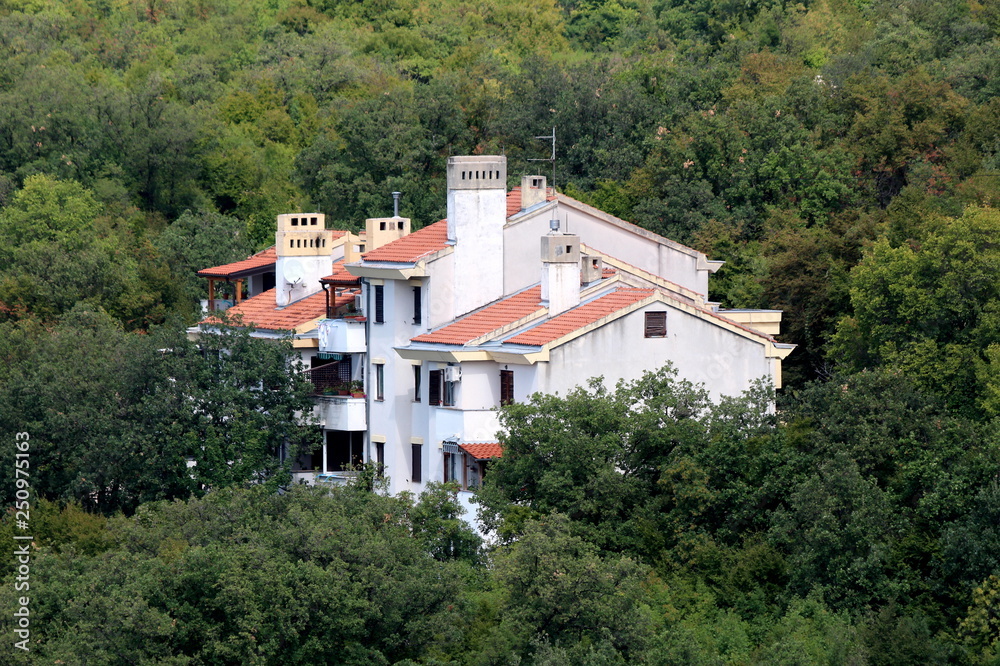 White attached apartment building on side of small hill completely surrounded with dense forest and other vegetation on warm sunny day