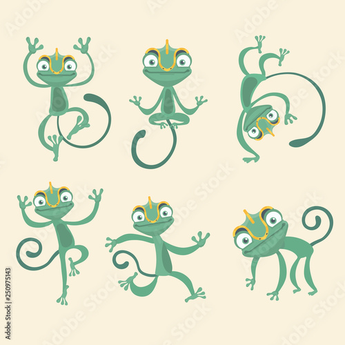 Cartoon chameleon cute illustration set..