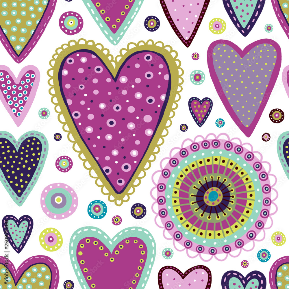 Fototapeta premium Seamless pattern with colourful hearts and circles on the white background.