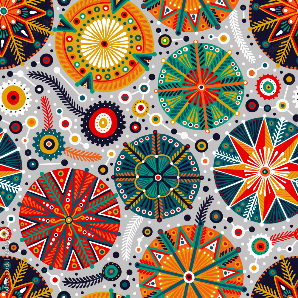 Seamless pattern with colourful ornamental circles on the grey background