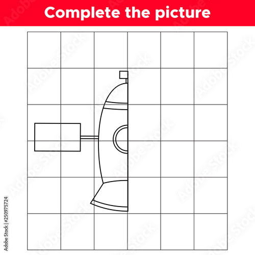 Complete the picture cute cartoon satellite. Copy the picture. Educational game for children. Space theme. Coloring book. Vector illustration.