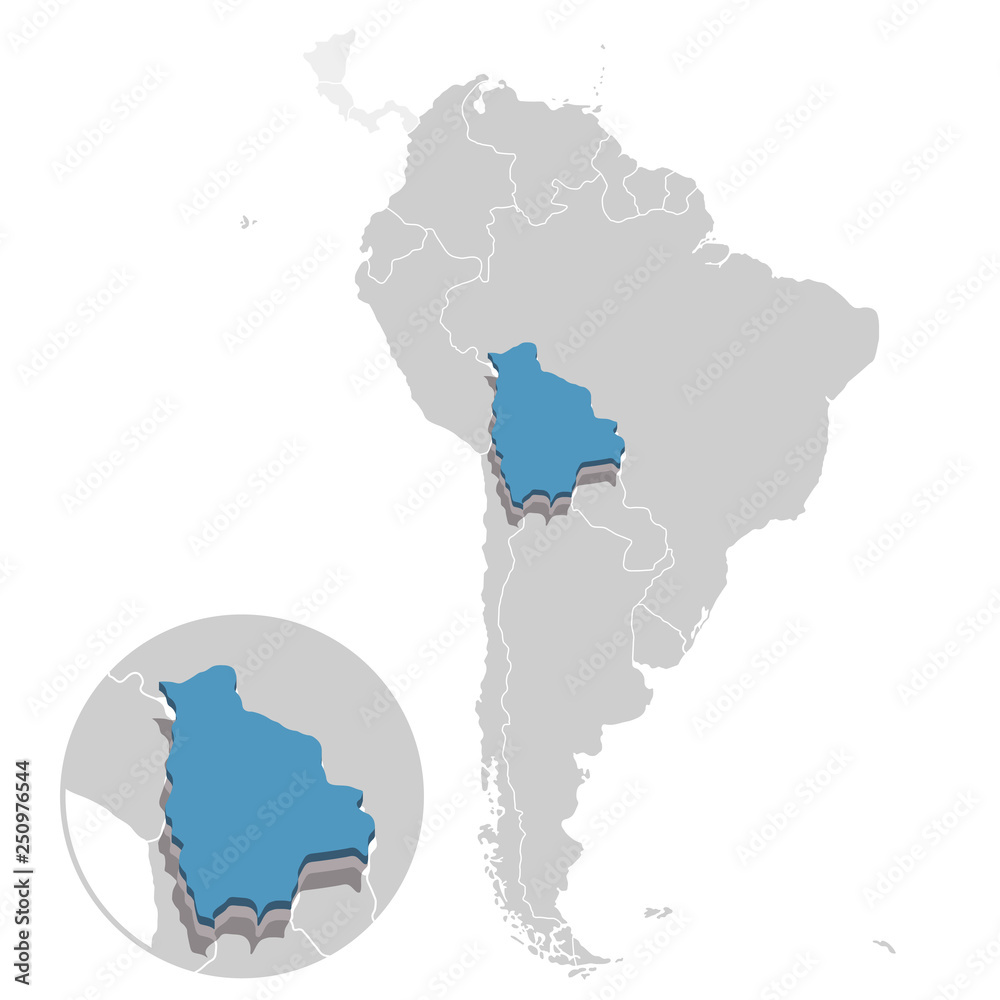 Vector illustration of Bolivia in blue on the grey model of South America map with zooming replica of country Vector illustration of Bolivia in blue on the grey model of South America map with zooming replica of country