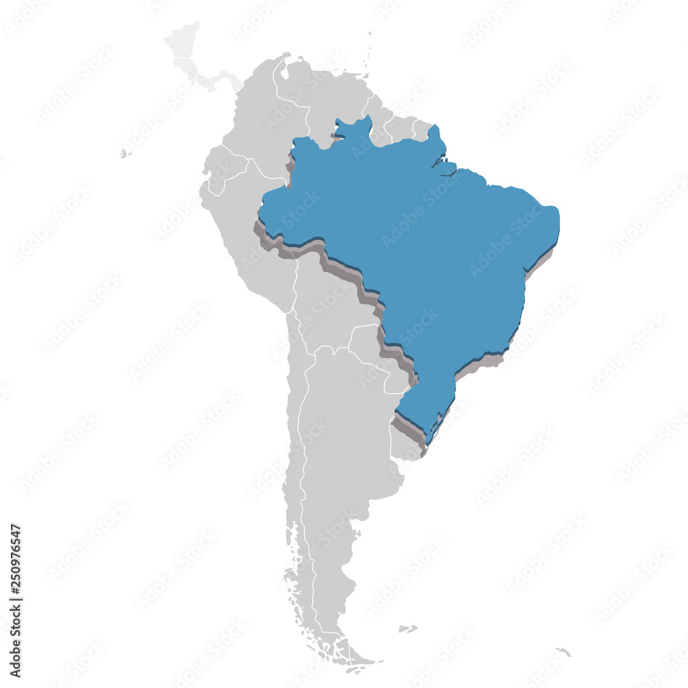 Vector illustration of Brazil in blue on the grey model of South America map
