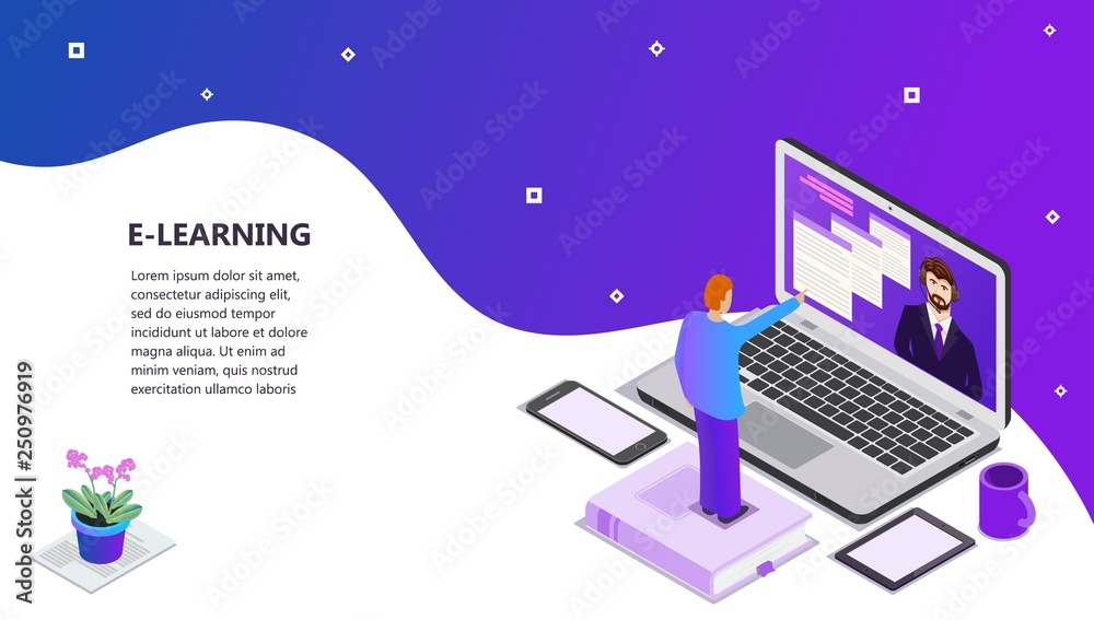 Landing page template of Online education Modern flat design concept of web page design for website and mobile website Laptop book, phone head phones, cup on the table and student Vector illustration