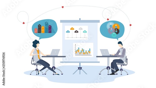 Work in the office. Lovers boyfriend and girlfriend. Creative flat design for web banner, marketing material, business presentation, online advertising. Vector illustration concept of team management.