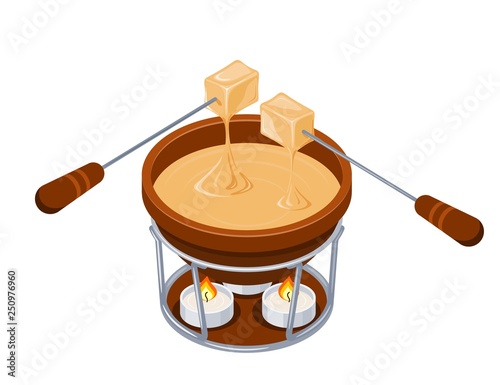 Fondue. Isometric style Brown jar with melted cheese and forks with stringed pieces of bread. Cheese fondue on a white background. Vector illustration