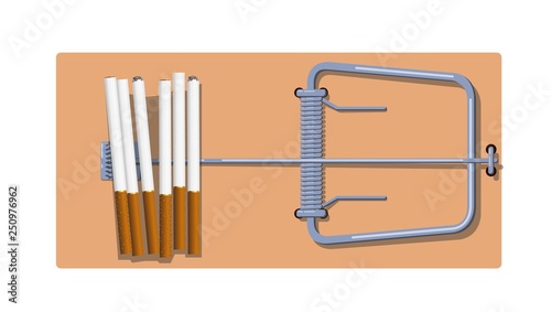 Flat wooden mousetrap with cigarettes. The concept of dependence and the dangers of cigarette and tobacco use. Vector illustration