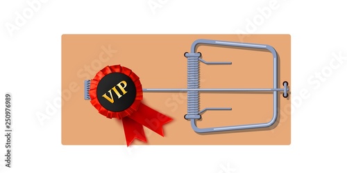 Flat wooden mousetrap with vip icon and red ribbon. The concept of dependence on vanity, money and fame. Vector illustration