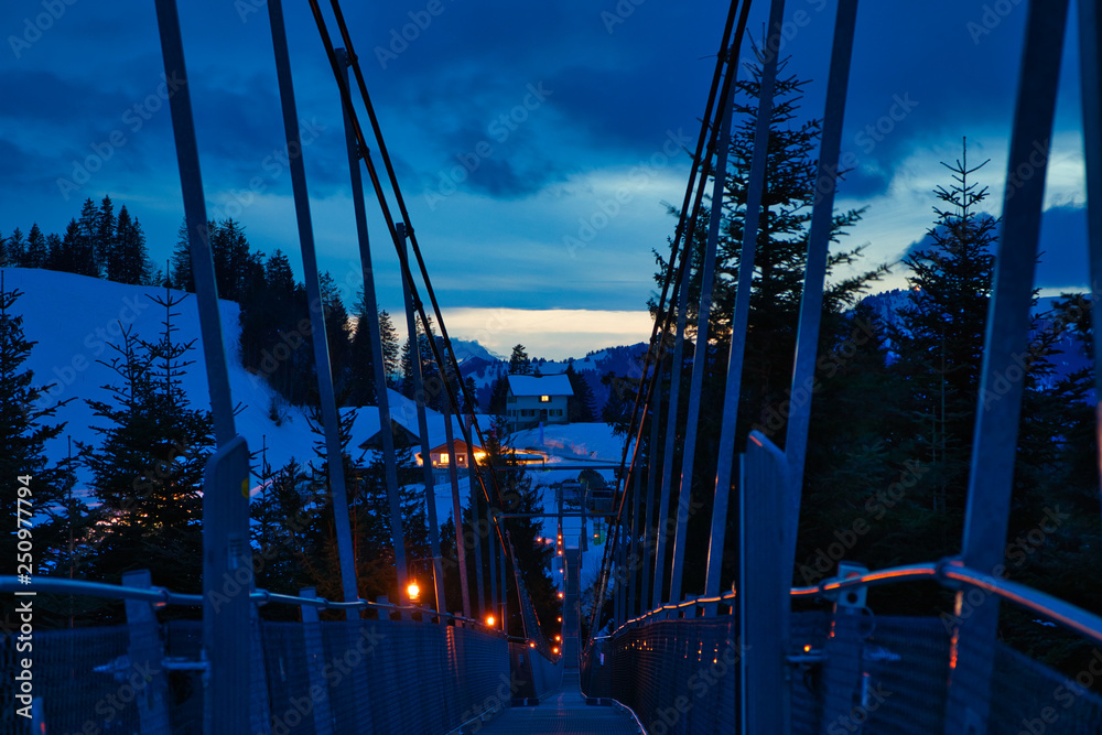 Hängebrücke in Winterlandschaft mit Lampen