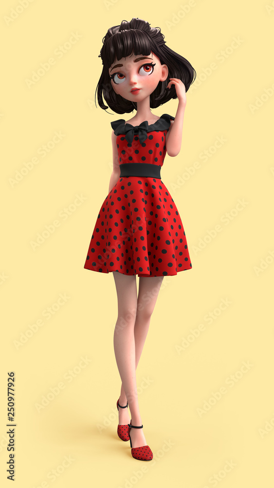 3d cartoon character of a brunette girl with big brown eyes. Beautiful cute  cartoon fashion valentines