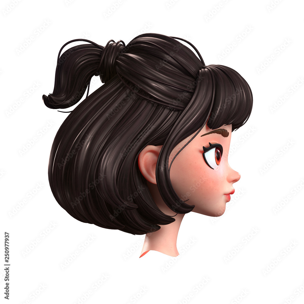 3d cartoon character of a brunette girl with big brown eyes. Beautiful  romantic girl with Retro Hairstyle. Young woman with short brown hair. Half  Ponytail Hairstyle. 3D rendering on white background. Stock