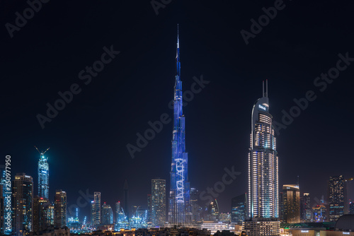 Photography The Address Downtown Dubai and Burj Khalifa at night, Dubai, UAE