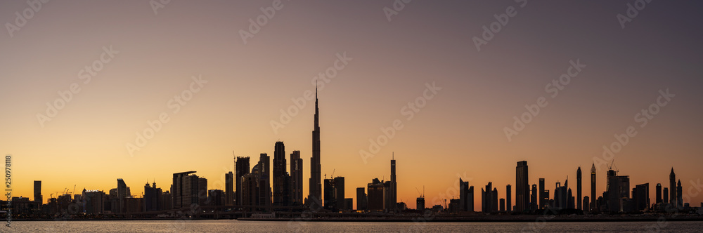 Silhouette of Dubai cityscape at Magic Hour