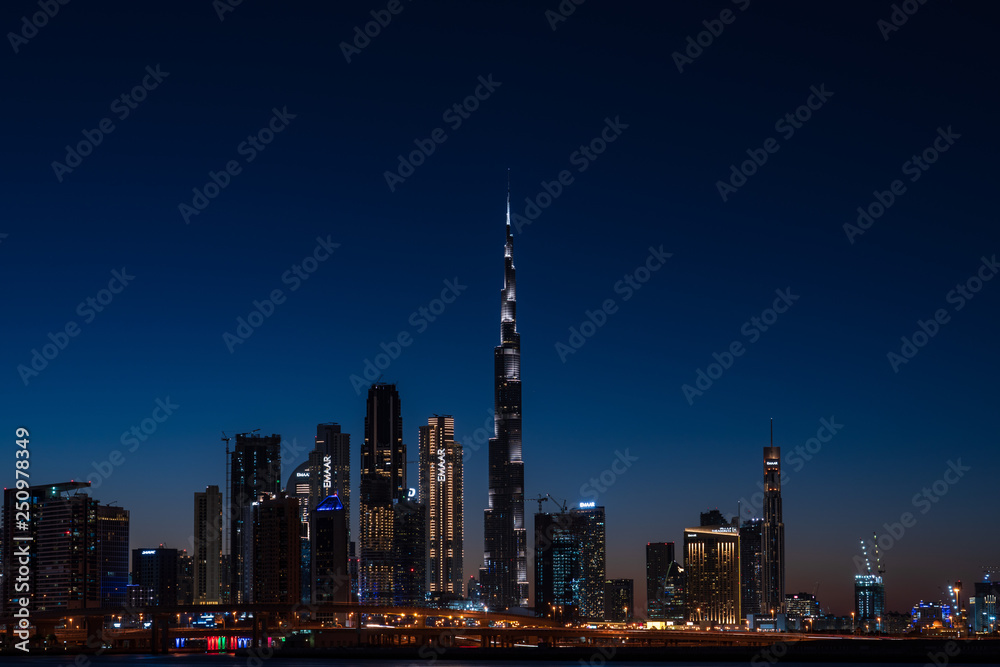 Dubai cityscape with Burj Khalifa at night