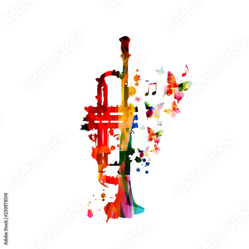 Colorful trumpet with music notes isolated vector illustration design. Music background. Music instrument poster with music notes, festival poster, live concert events, party flyer