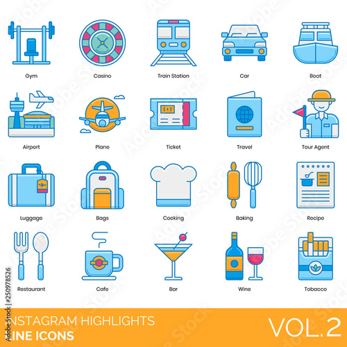 Instagram highlights icons including gym, casino, train station, car, boat, airport, plane, ticket, travel, tour agent, luggage, bags, cooking, baking, recipe, restaurant, cafe, bar, wine, tobacco.