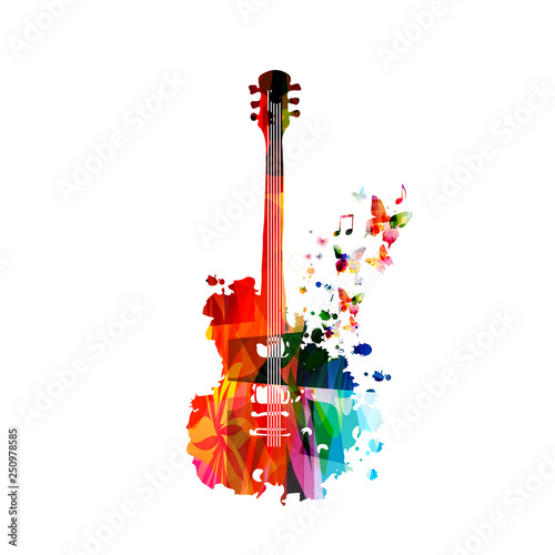 Colorful guitar with music notes isolated vector illustration design. Music background. Music instrument poster with music notes, festival poster, live concert events, party flyer