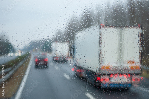 Traffic in the rain viewed from a buss as blurred image
