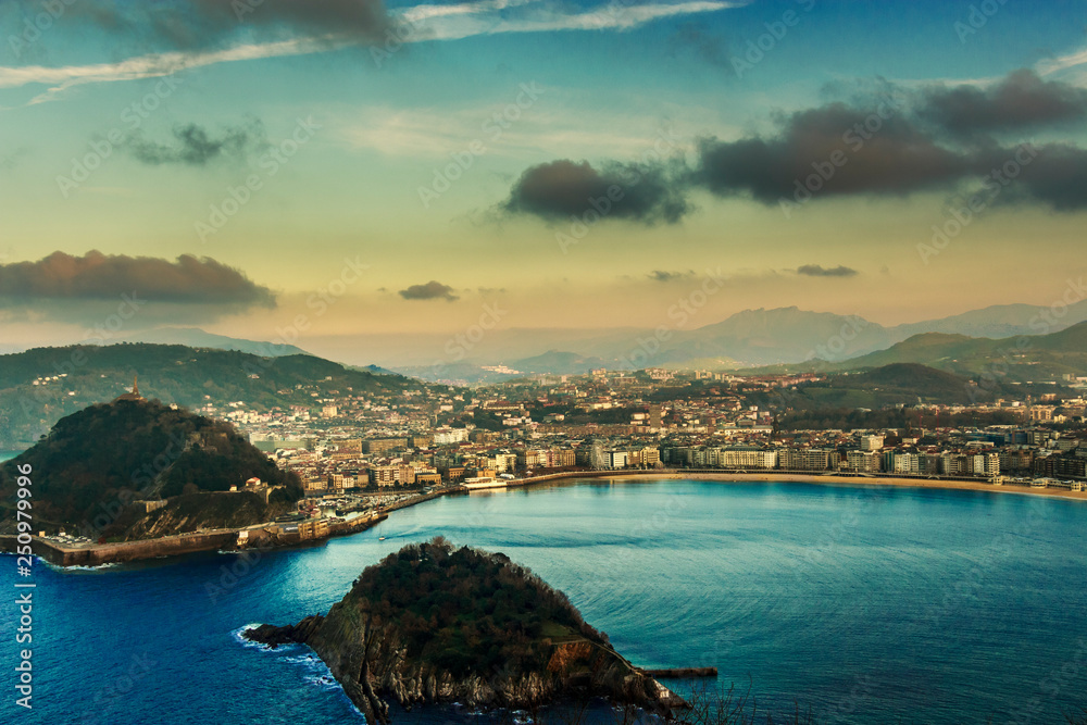 Aerial view of the resort town of San Sebastian in the mountainous Basque Country