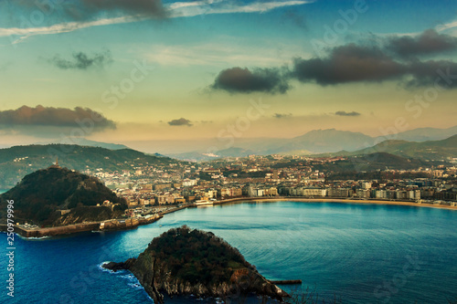 Fototapeta Naklejka Na Ścianę i Meble -  Aerial view of the resort town of San Sebastian in the mountainous Basque Country