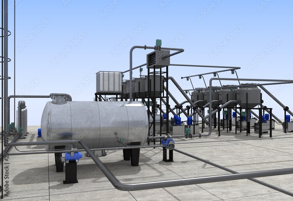 Fototapeta premium oil refinery, chemical production, waste processing plant, exterior visualization, 3D illustration