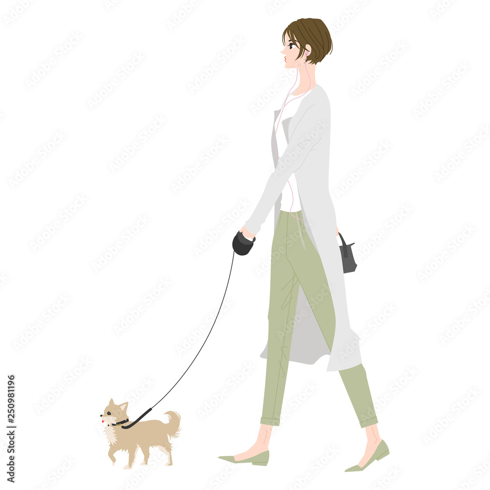 若い女性のイラスト ペットの犬の散歩をしている若い女性 Stock ベクター Adobe Stock