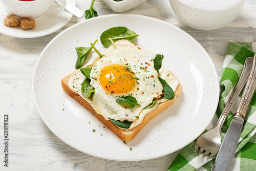 Toast with cream cheese, spinach and fried egg, top view.