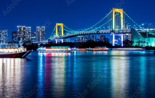 city skyline night view of tokyo bay  rainbow bridge