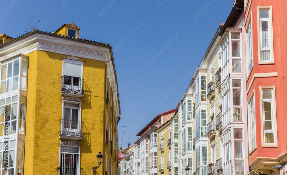 Colorful houses with traditional Bay windows in Burgos, Spain