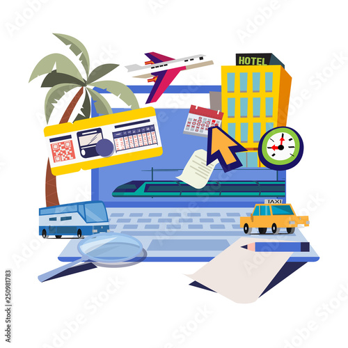 Booking online for travel, hotel, car, train, plane - vector