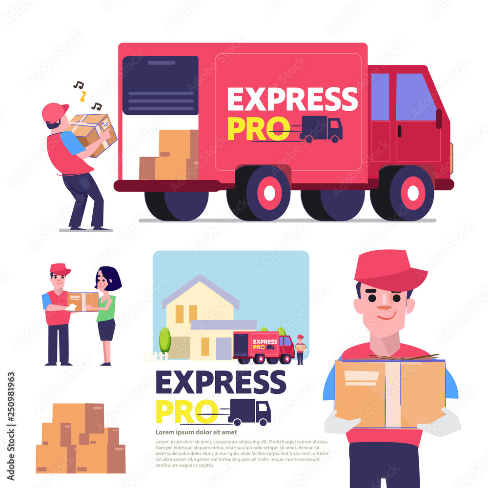 Express delivery service concept. delivery boy carry mail box from van.- vector illustration Express delivery service concept. delivery boy carry mail box from van.- vector illustration