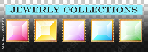 Realistic jewels isolated on transparent background. Shimmer stones top view. Luxury elements. Shining gemstones collection. Colorful gems concept.Eps10 Vector