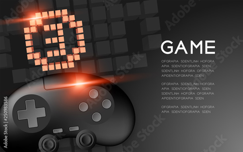Gamepad or joypad black color with Copper Medal number three pixel icon, Game winner concept design illustration isolated on black gradients background, with copy space