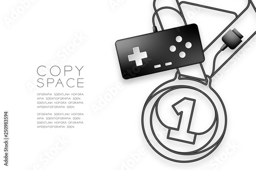 Medal number one shape made from cable Retro Gamepad or joypad black color, Game winner concept design illustration isolated on white background, with copy space, vector eps 10