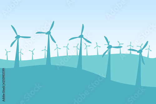 Silhouettes of wind turbines against the sky. Wind farm on the hills