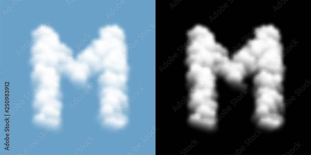 Alphabet uppercase set letter M, Cloud or smoke pattern, illustration isolated float on blue sky background, with opacity mask, vector eps 10