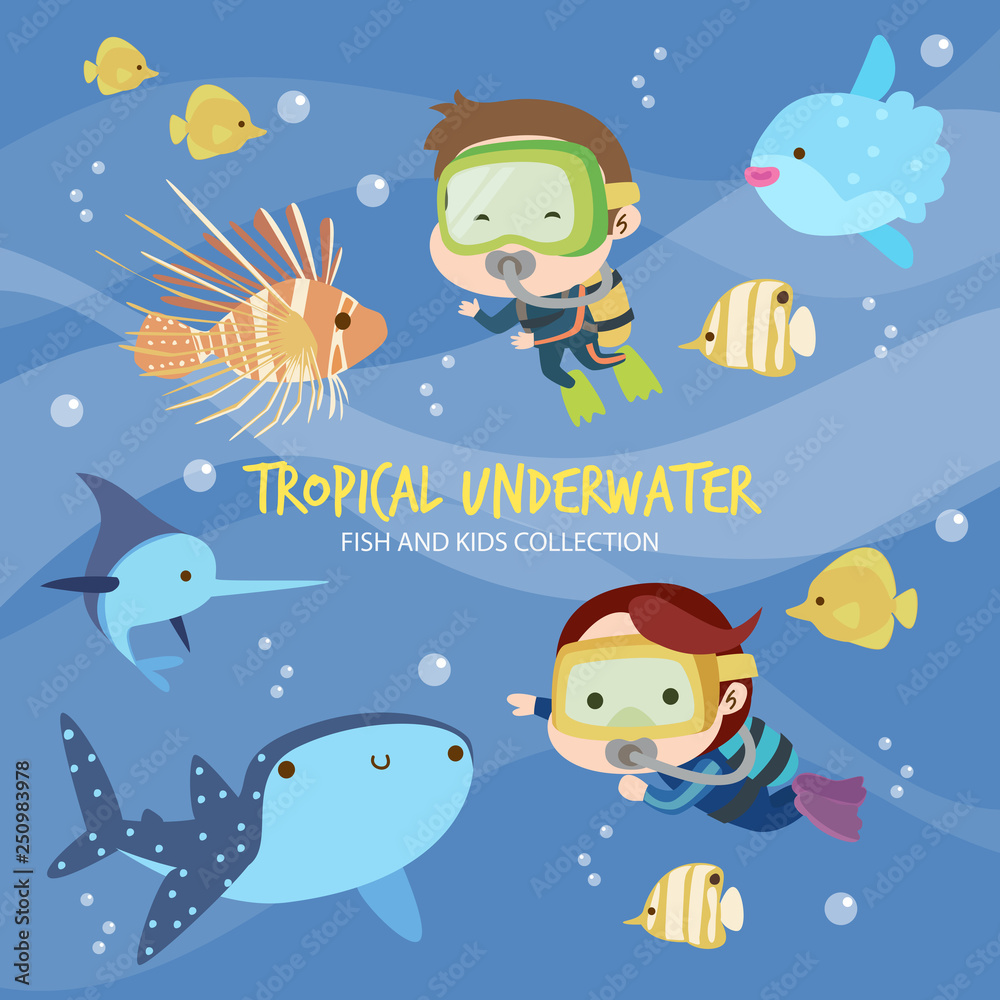 Naklejka premium Tropical Underwater Fish and Kids