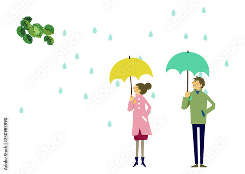 レインコートを着た人物。 梅雨のシーズンのクリップアート。 傘をさす男女。 雨のイメージ。 天気のイラスト。