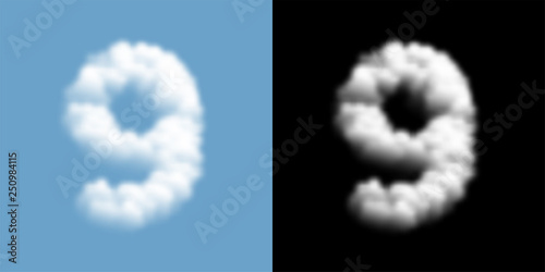 Alphabet set letter number nine or 9 Cloud or smoke pattern, illustration isolated float on blue sky background, with opacity mask, vector eps 10