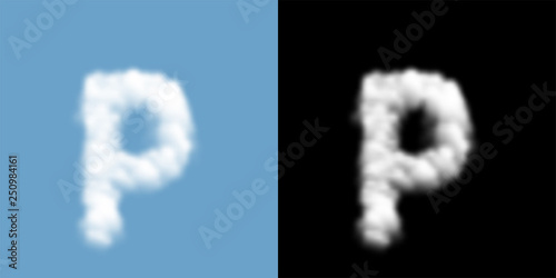 Alphabet lowercase set letter p, Cloud or smoke pattern, illustration isolated float on blue sky background, with opacity mask, vector eps 10