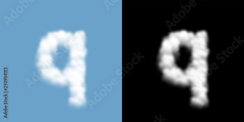 Alphabet lowercase set letter q, Cloud or smoke pattern, illustration isolated float on blue sky background, with opacity mask, vector eps 10