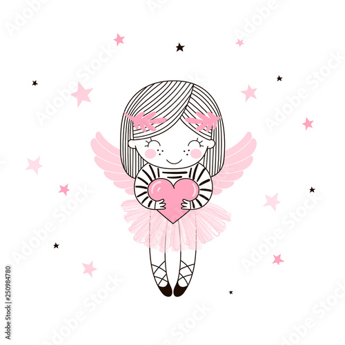 Cute little angel girl in pink ballerina skirt keeping heart. Vector doodle illustration in pink colour for girlish designs like textile apparel print, wall art, poster, stickers, cards and more.