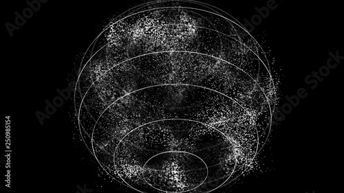 Futuristic orbit in space. Abstract system of science and technology in form of sphere. Array with dynamic particles. 3D rendering.