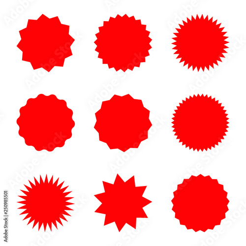 Blank red promo stickers set. Starburst, graphic, sunburst, shine, stamp, decoration, sunshine, glitter symbol. Hipster Style badges. Vector design element great for retro style projects.