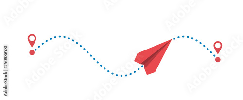 Red paper plane and its dotted path isolated on white background. Vector illustration.