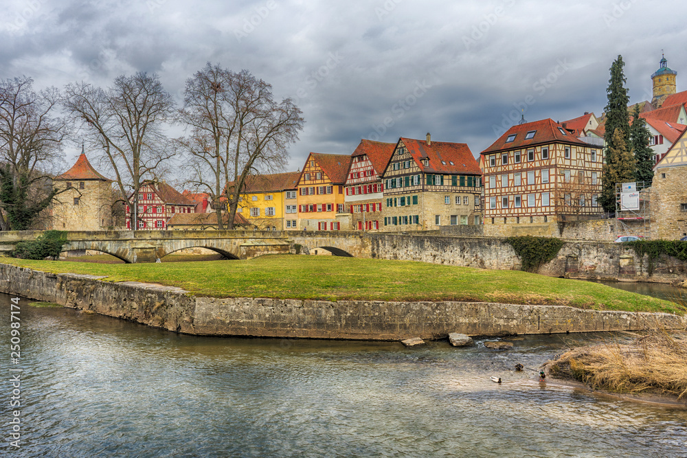 Schwaebisch Hall, Germany - 19 February 2019: The streets of Schwaebisch Hall Schwaebisch Hall, Germany - 19 February 2019: The streets of Schwaebisch Hall
